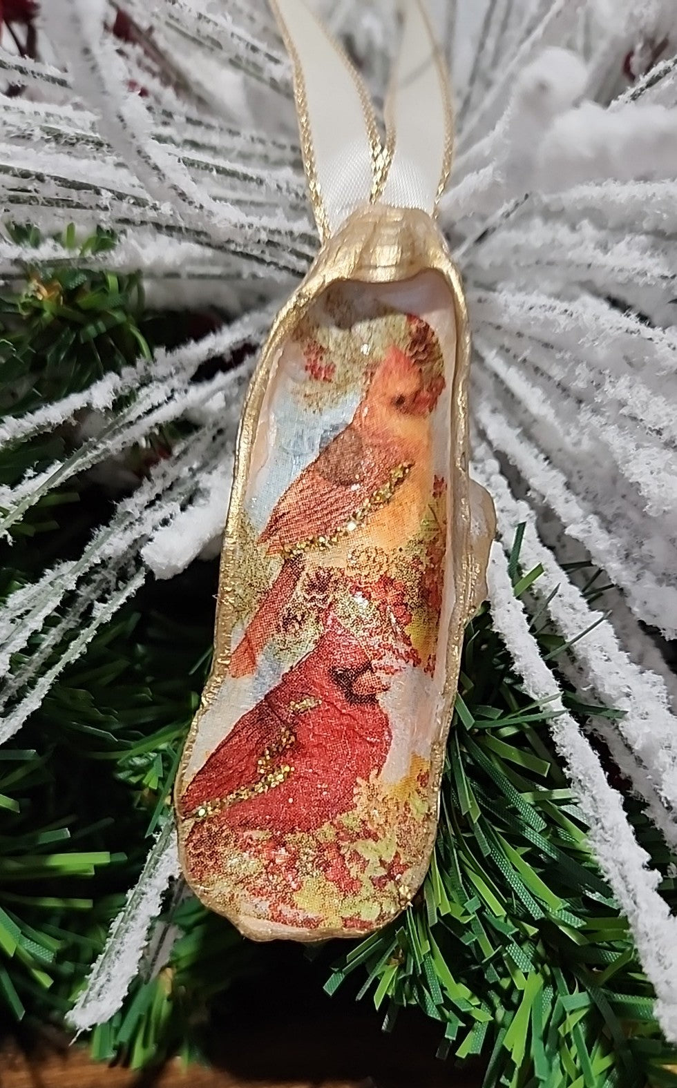 Christmas Novelty Cardinal Ornament Local Oyster Shell Hand Decorated