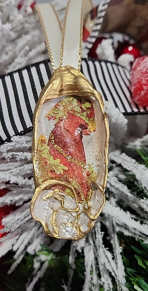 Christmas Novelty Cardinal Ornament Local Oyster Shell Hand Decorated