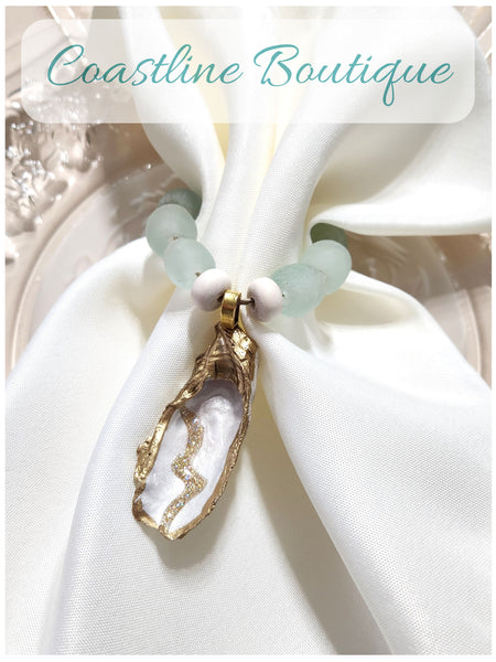 Oyster Shell Napkin Glass Bead Rings - Metallic Pearl/White/Gold w/Clear Aqua Glass Beads/Cream Abacus Wood Bead