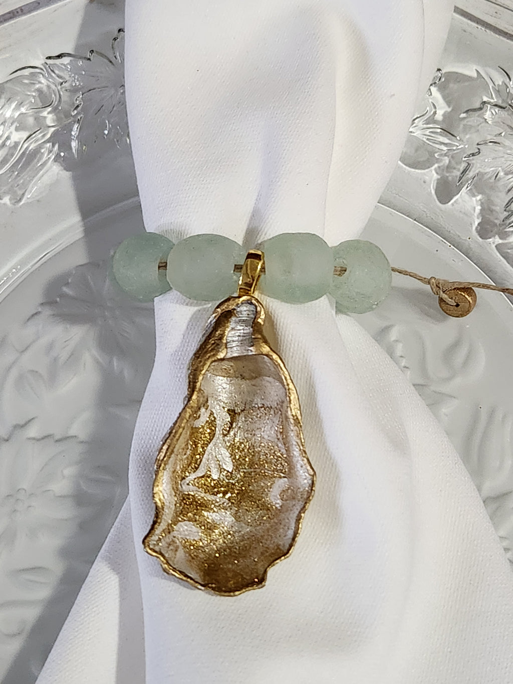 Artisan Glass Bead Edition: Hand-Painted Oyster Shell Napkin Rings - (Set of 4 or 6, Clear Aqua)