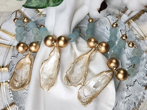 Oyster Shell Napkin Glass/Wood Bead Rings - Pearl Champagne Gold w/Clear Aqua Glass Beads