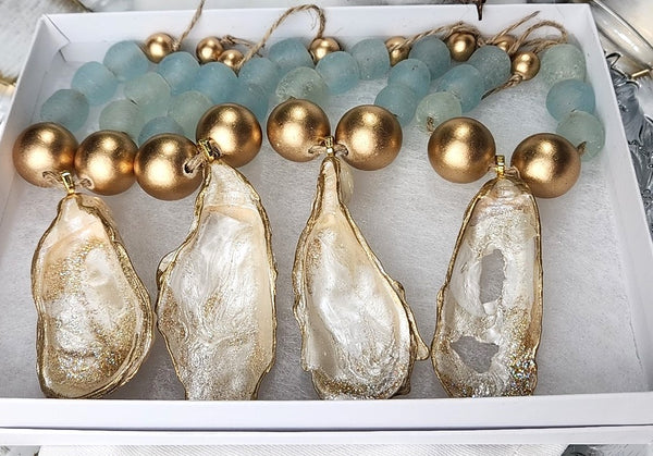 Oyster Shell Napkin Glass/Wood Bead Rings - Pearl Champagne Gold w/Clear Aqua Glass Beads