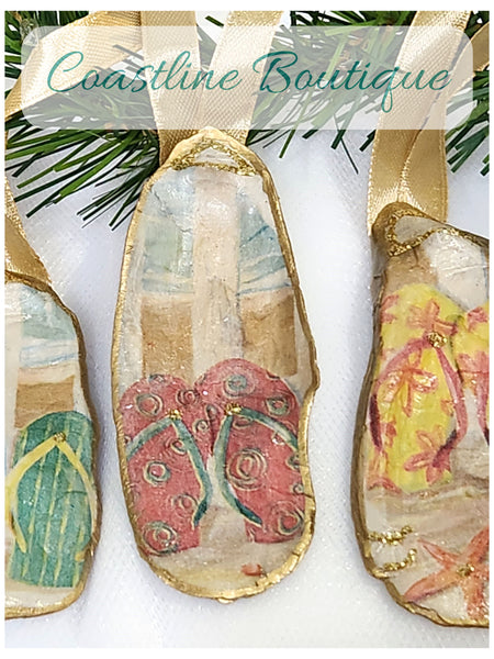 Novelty Shell Ornament Flip Flops On The Beach Oyster Shell Hand Decorated 3 Designs