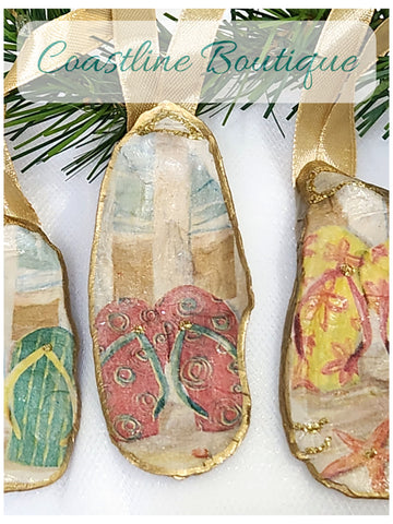 Novelty Shell Ornament Flip Flops On The Beach Oyster Shell Hand Decorated 3 Designs