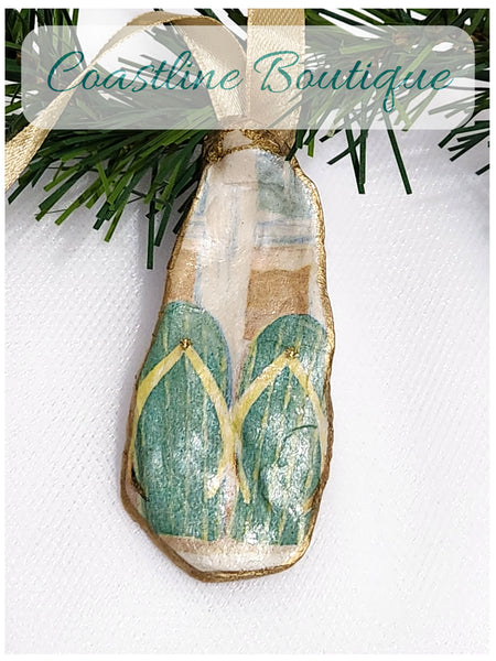 Novelty Shell Ornament Flip Flops On The Beach Oyster Shell Hand Decorated 3 Designs