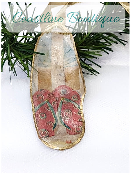 Novelty Shell Ornament Flip Flops On The Beach Oyster Shell Hand Decorated 3 Designs