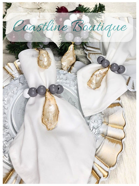 Oyster Shell Napkin Wood Bead Rings - Pearl White & Gold with White, Gray Beads