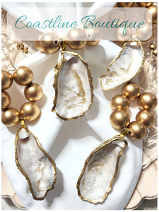 Oyster Shell Napkin Wood Bead Rings - Metallic Pearl/White/Gold w/Gold Natural Wood Beads