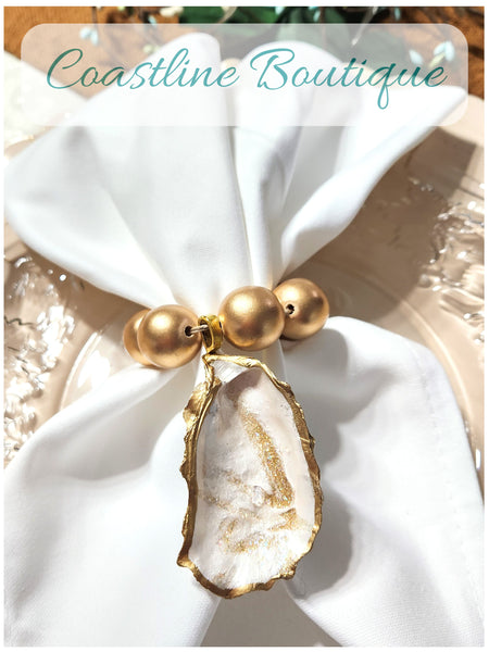 Oyster Shell Napkin Wood Bead Rings - Metallic Pearl/White/Gold w/Gold Natural Wood Beads