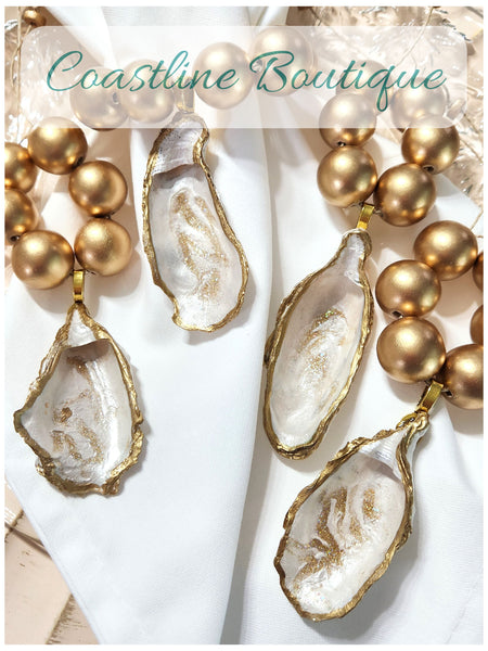 Oyster Shell Napkin Wood Bead Rings - Metallic Pearl/White/Gold w/Gold Natural Wood Beads