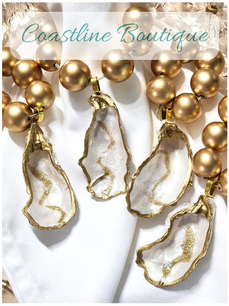 Oyster Shell Napkin Wood Bead Rings - Metallic Pearl/White/Gold w/Gold Natural Wood Beads