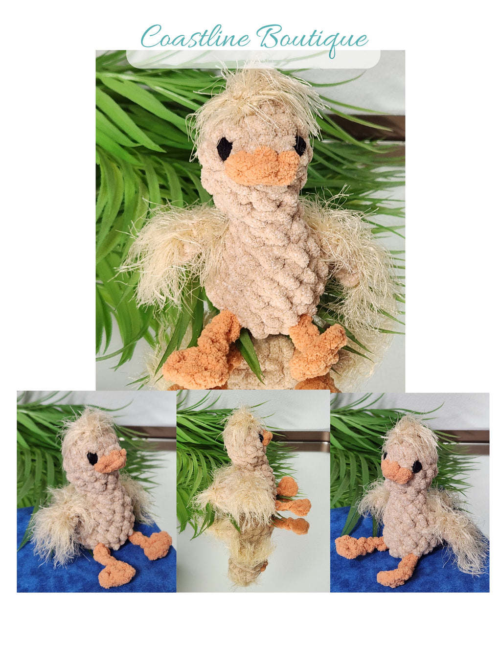 A multi view composite of Nugget the Gosling featuring front, side, and reflected  mirror angles to showcase the 360 degree handmade detail of this crochet plushie