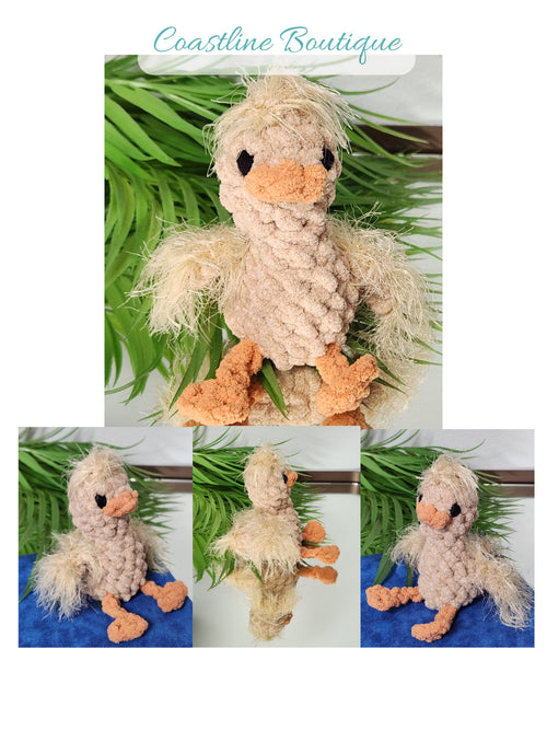 A multi view composite of Nugget the Gosling featuring front, side, and reflected  mirror angles to showcase the 360 degree handmade detail of this crochet plushie