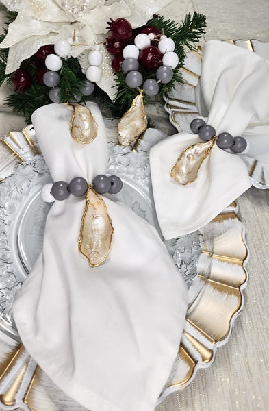 Oyster Shell Napkin Wood Bead Rings - Pearl White & Gold with White, Gray Beads