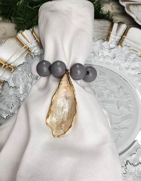 Oyster Shell Napkin Wood Bead Rings - Pearl White & Gold with White, Gray Beads