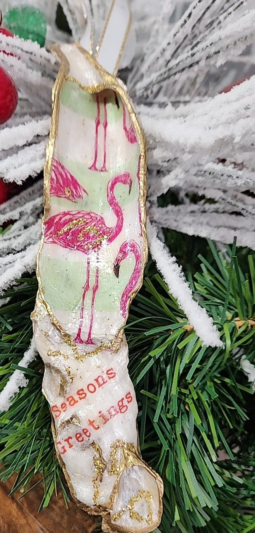 Christmas Novelty Ornament Hot Pink Flamingo Local Oyster Shell Hand Decorated