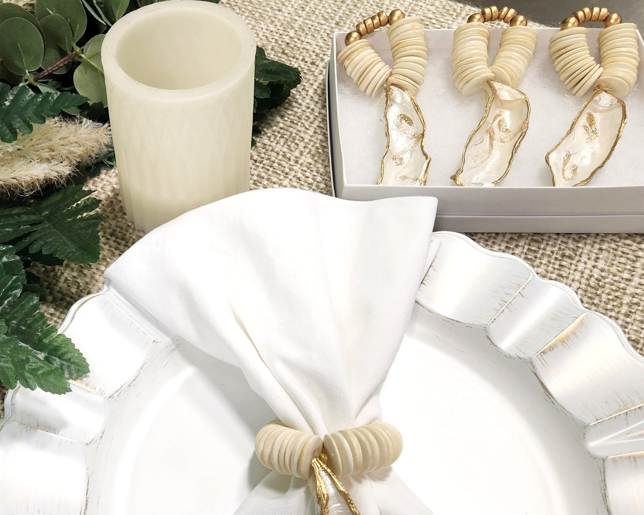 The Natural Earth Edition: Hand-Painted Oyster Shell Napkin Rings - Ivory Coconut Shells (Set of 4 or 6)