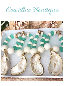 Oyster Shell Recycled Fern Java Sea Glass Bead Napkin Rings - Pearl Champagne Gold