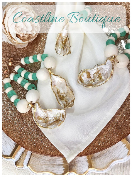 Oyster Shell Recycled Fern Java Sea Glass Bead Napkin Rings - Pearl Champagne Gold