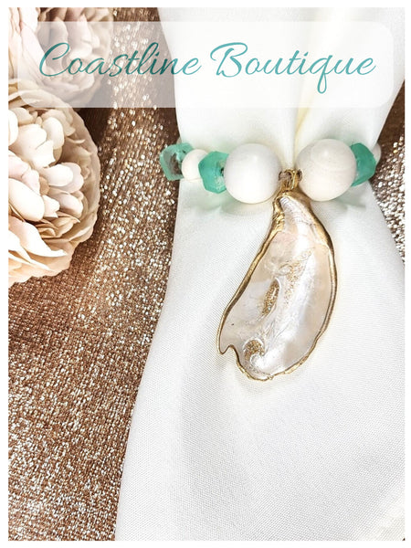 Oyster Shell Recycled Fern Java Sea Glass Bead Napkin Rings - Pearl Champagne Gold