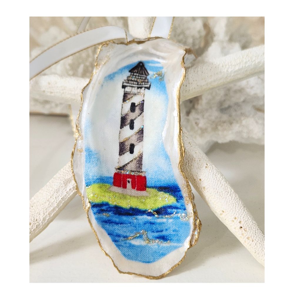 Handcrafted Gilded Oyster Shell Ornament - Lighthouse
