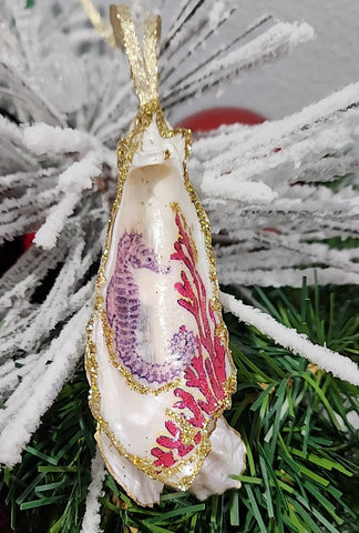 Christmas Novelty Ornament Seahorse Oyster Shell Hand Decorated