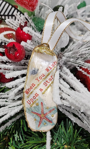 Christmas Novelty Ornament Wish upon a Star Oyster Shell Hand Decorated