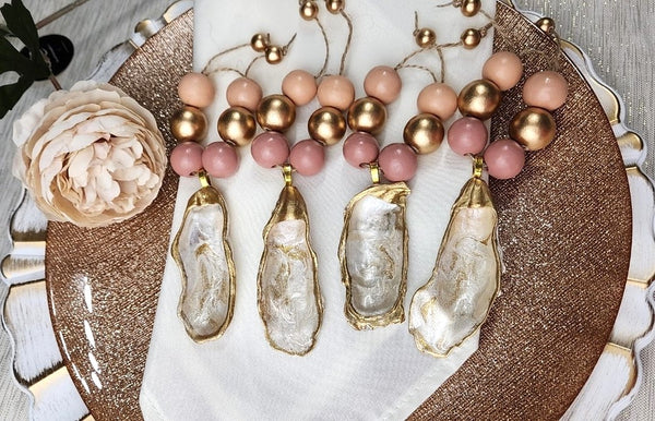Oyster Shell Mauve Tones Wood Bead Napkin Rings - Pearl Lace Gold