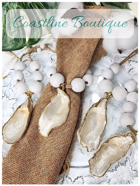 Oyster Shell Napkin Wood Bead Rings - Pearl Champagne with White Wash Beads