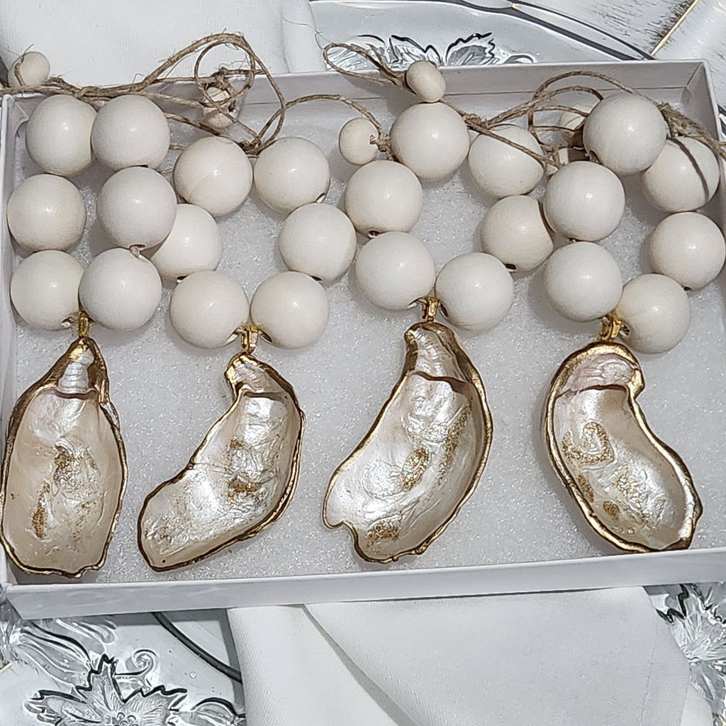 The Natural Earth Edition: Hand-Painted Oyster Shell Napkin Rings - (Set of 4 or 6, Natural Wood Beads))
