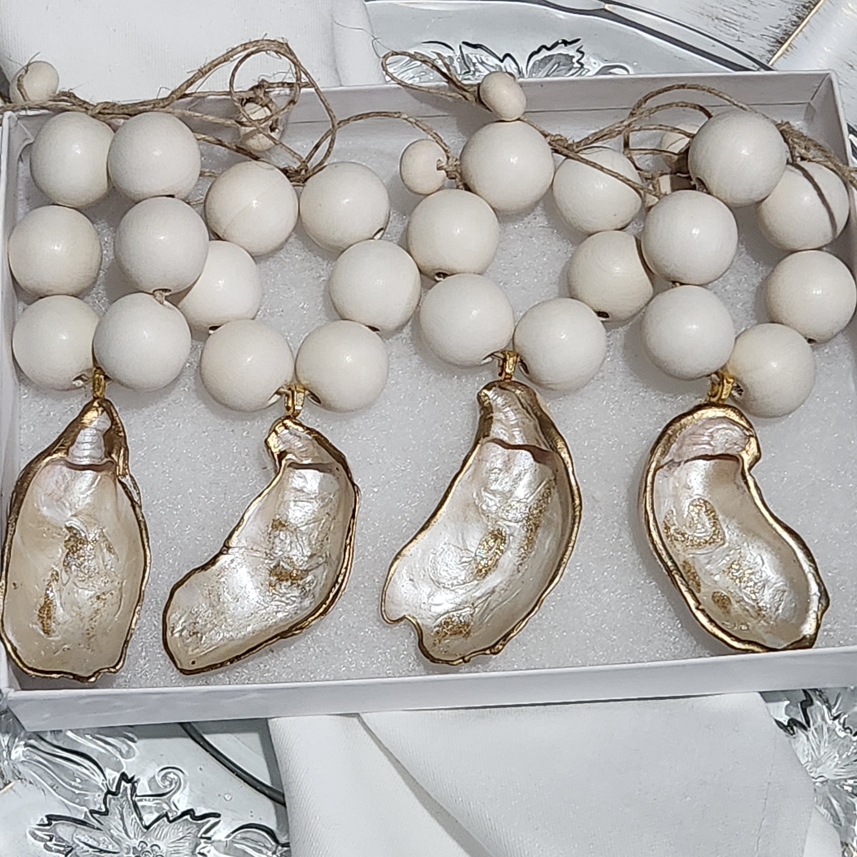 The Natural Earth Edition: Hand-Painted Oyster Shell Napkin Rings - Natural Wood Beads0 (Set of 4 or 6)