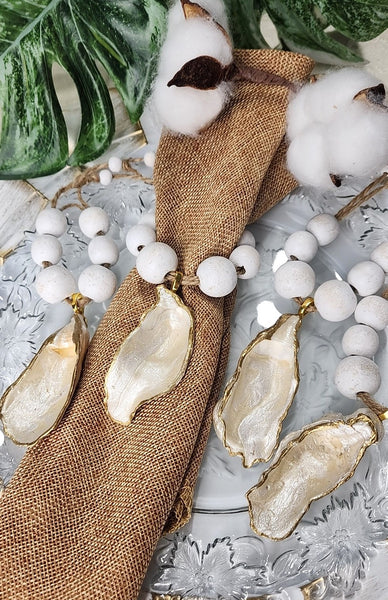 Oyster Shell Napkin Wood Bead Rings - Pearl Champagne with White Wash Beads