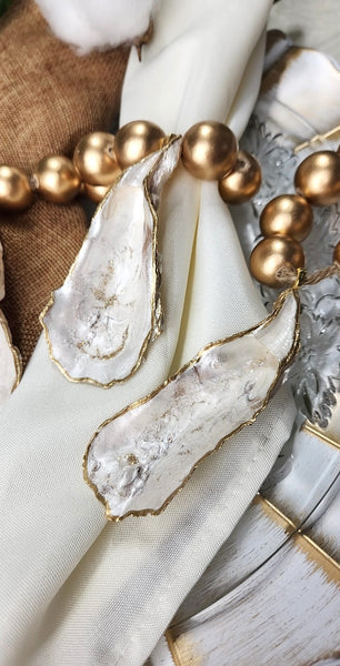 Oyster Shell Napkin Wood Bead Rings - Pearl & Gold with Gold Beads