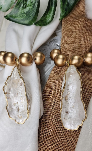 Oyster Shell Napkin Wood Bead Rings - Pearl & Gold with Gold Beads