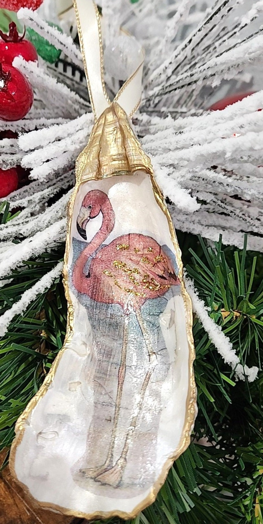 Christmas Novelty Ornament Flamingo Local Oyster Shell Hand Decorated