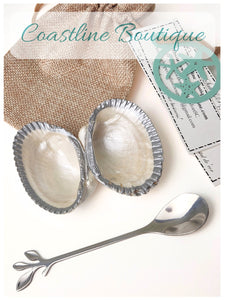 Oyster Shell Salt & Pepper Cellars - Pearl with Silver Trim