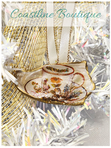 Novelty Ornament Tea Cup Local Oyster Shell Hand Decorated 3 Designs