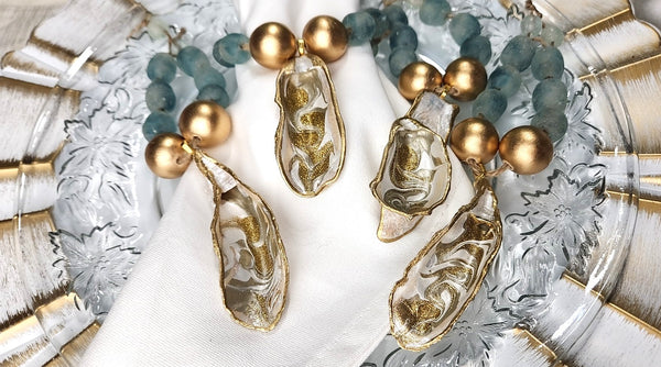 Oyster Shell Napkin Marine Wave Glass/Wood Bead Rings - Taupe/Pearl/Champagne Gold