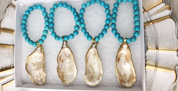 Oyster Shell Napkin Turquoise Bead Rings - Pearl Champagne Gold