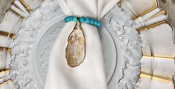 Oyster Shell Napkin Turquoise Bead Rings - Pearl Champagne Gold
