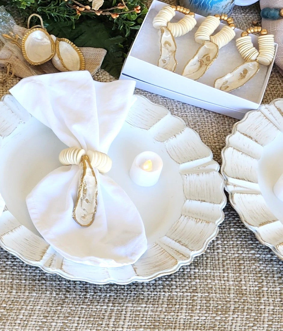 The Natural Earth Edition: Hand-Painted Oyster Shell Napkin Rings - Ivory Coconut Shells (Set of 4 or 6)
