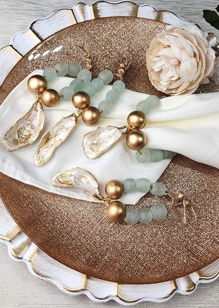 Oyster Shell Clear Aqua Glass Bead Napkin Rings - Pearl White Gold