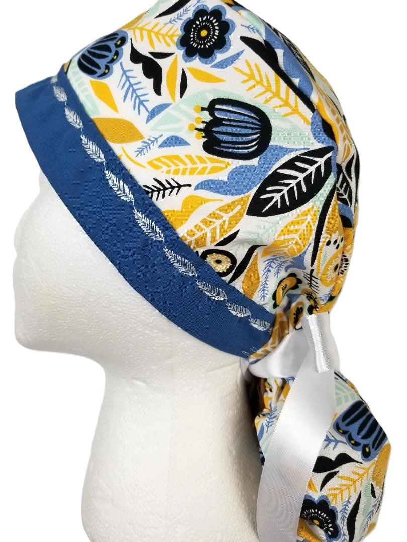 Autumn harvest corn maze surgical cap in blue and mustard tones with a corn blue and Ivory designer-stitched headband by Coastline Boutique