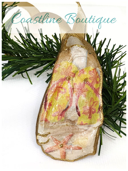 Novelty Shell Ornament Flip Flops On The Beach Oyster Shell Hand Decorated 3 Designs