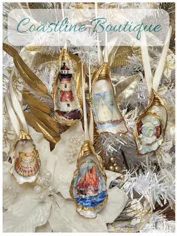 Novelty Ornament Nautical Local Oyster Shell Hand Decorated 6 Designs