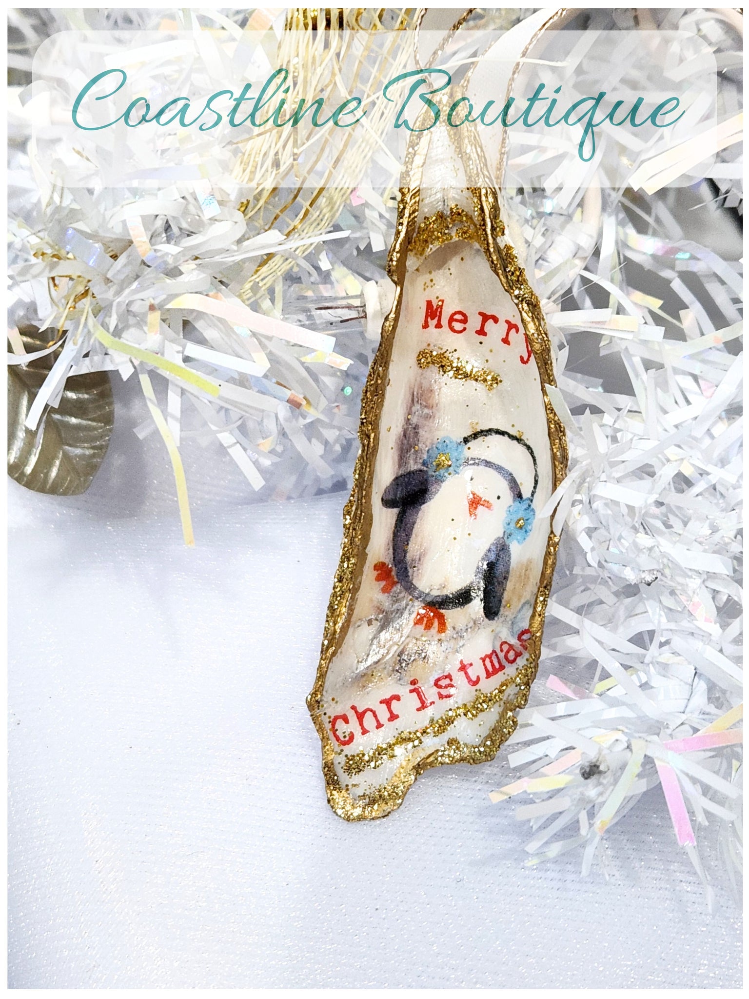 Christmas Novelty Ornament Penquin Oyster Shell Hand Decorated