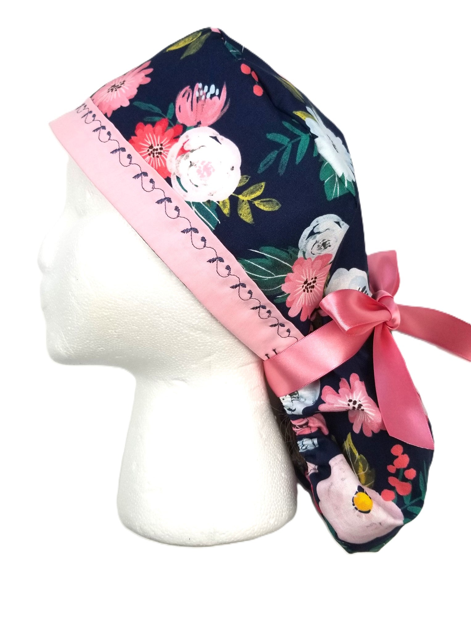 Midnight Garden floral surgical cap with petal pink headband and navy blue designer stitching by Coastline Boutique