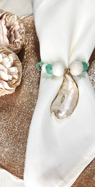Oyster Shell Recycled Fern Java Sea Glass Bead Napkin Rings - Pearl Champagne Gold