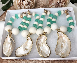 Oyster Shell Recycled Fern Java Sea Glass Bead Napkin Rings - Pearl Champagne Gold