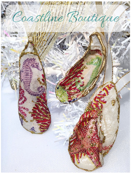 Christmas Novelty Ornament Sea Life Local Oyster Shell Hand Decorated 3 Designs